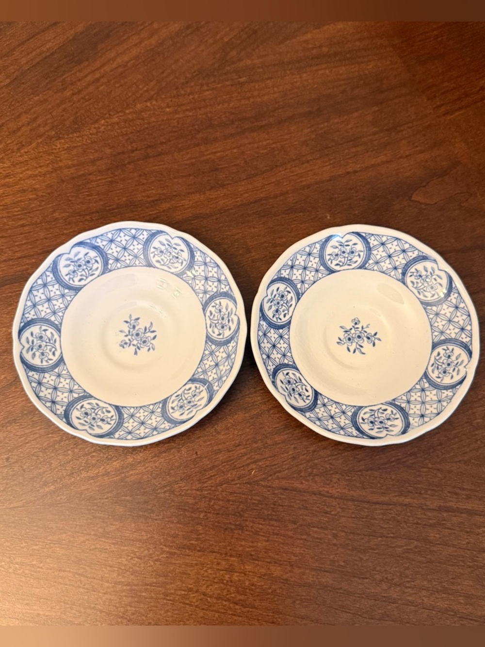 Set of 2 Antique FURNIVALS Ltd. Old Chelsea Blue Floral Saucers for Flat Cups